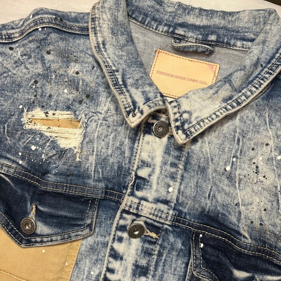 Smoke Rise DNM Co. Other - Smoke Rise Denim Jacket Mens L Blue Acid Wash Distressed Paint Splatter Graphic